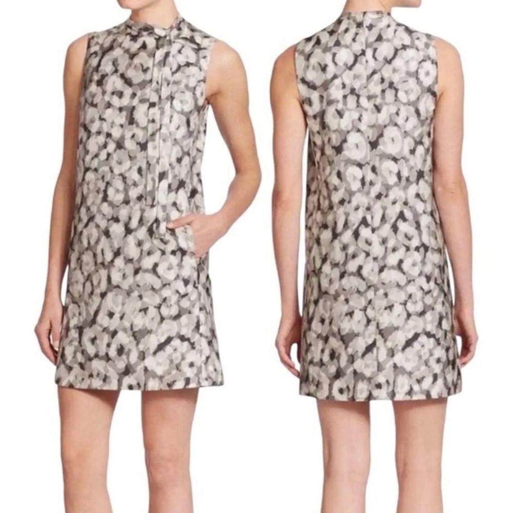 Theory Nurita silk shift mini dress in a gray Abstract animal print pattern.